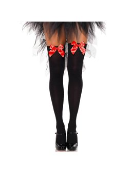 Leg Avenue - Black Nylon Thigh Highs with Red Bow One Size