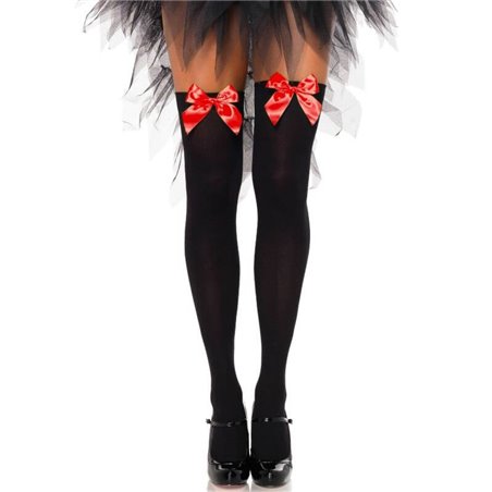 Leg Avenue - Black Nylon Thigh Highs with Red Bow One Size