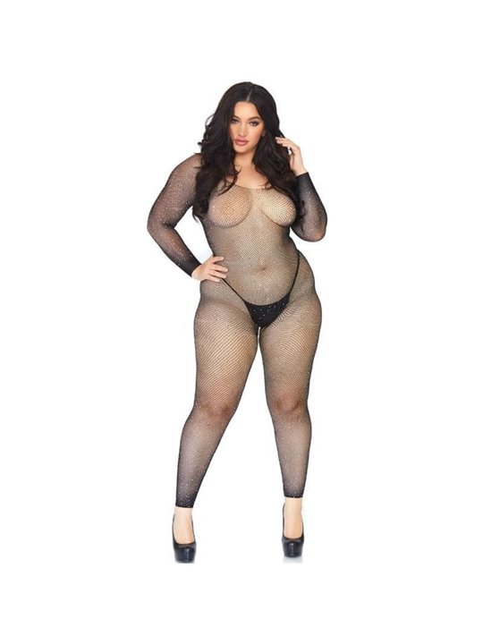 Leg Avenue - Bodystocking a Rete con Strass e Senza Cuciture Taglia Plus Nero