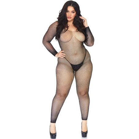 Leg Avenue - Bodystocking a Rete con Strass e Senza Cuciture Taglia Plus Nero