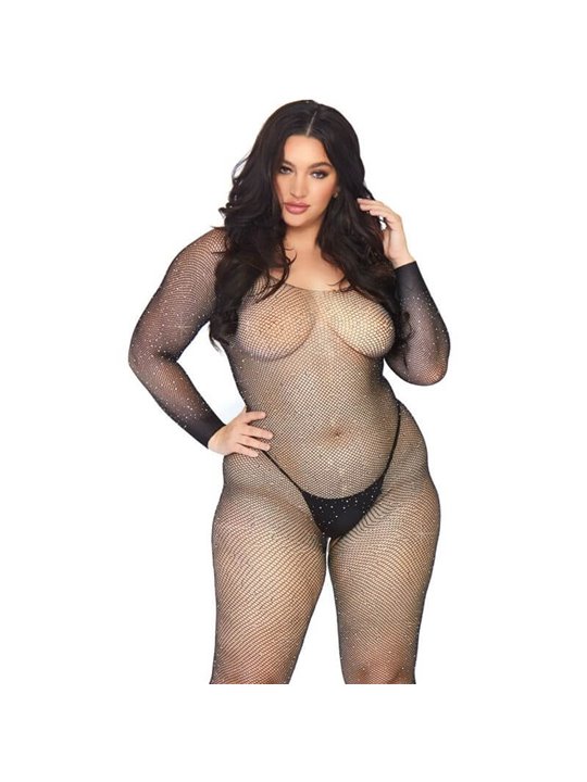 Leg Avenue - Bodystocking a Rete con Strass e Senza Cuciture Taglia Plus Nero