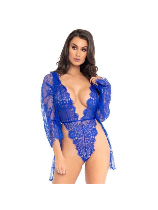 Leg Avenue - Body Perizoma + Vestaglia in Pizzo Floreale Taglia S Blu