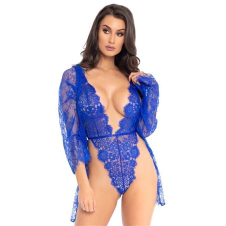Leg Avenue - Body Perizoma + Vestaglia in Pizzo Floreale Taglia S Blu