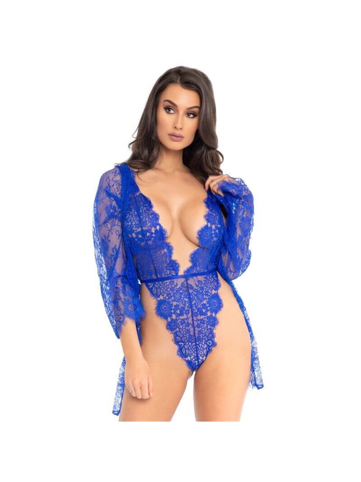 Leg Avenue - Body Perizoma + Vestaglia in Pizzo Floreale Taglia S Blu