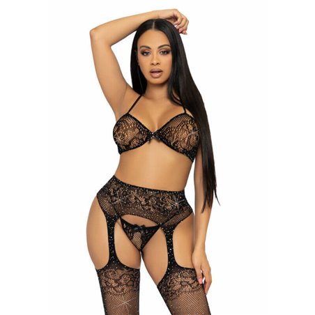 Leg Avenue - Three Pieces Set Bra, String and Stocking One Size - Black