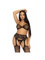 Leg Avenue - Reggiseno, Perizoma e Collant Reggicalze in Pizzo con Strass Taglia Unica Nero