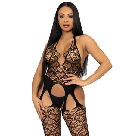 Leg Avenue - Bodystocking a Rete Senza Cuciture con Cuori Taglia Unica Nero