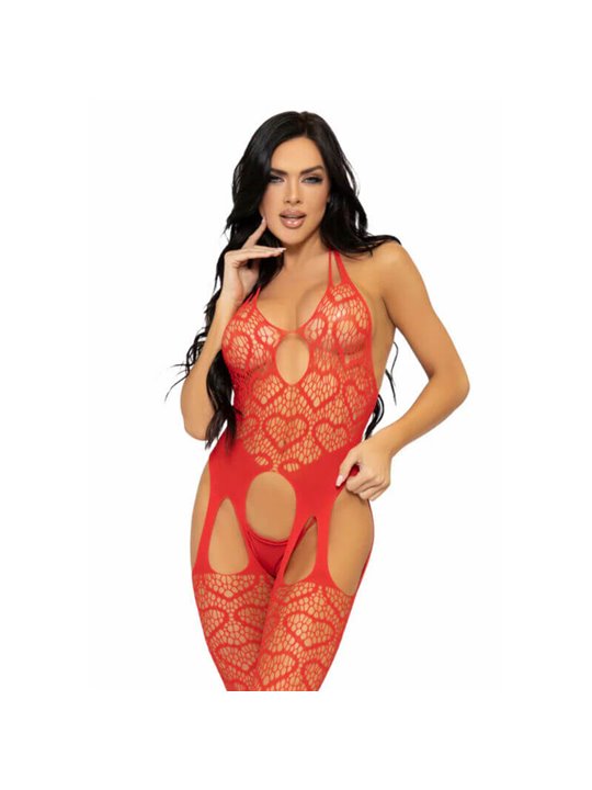 Leg Avenue - Bodystocking a Rete Senza Cuciture con Cuori Taglia Unica Rosso