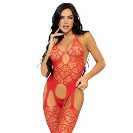 Leg Avenue - Bodystocking a Rete Senza Cuciture con Cuori Taglia Unica Rosso