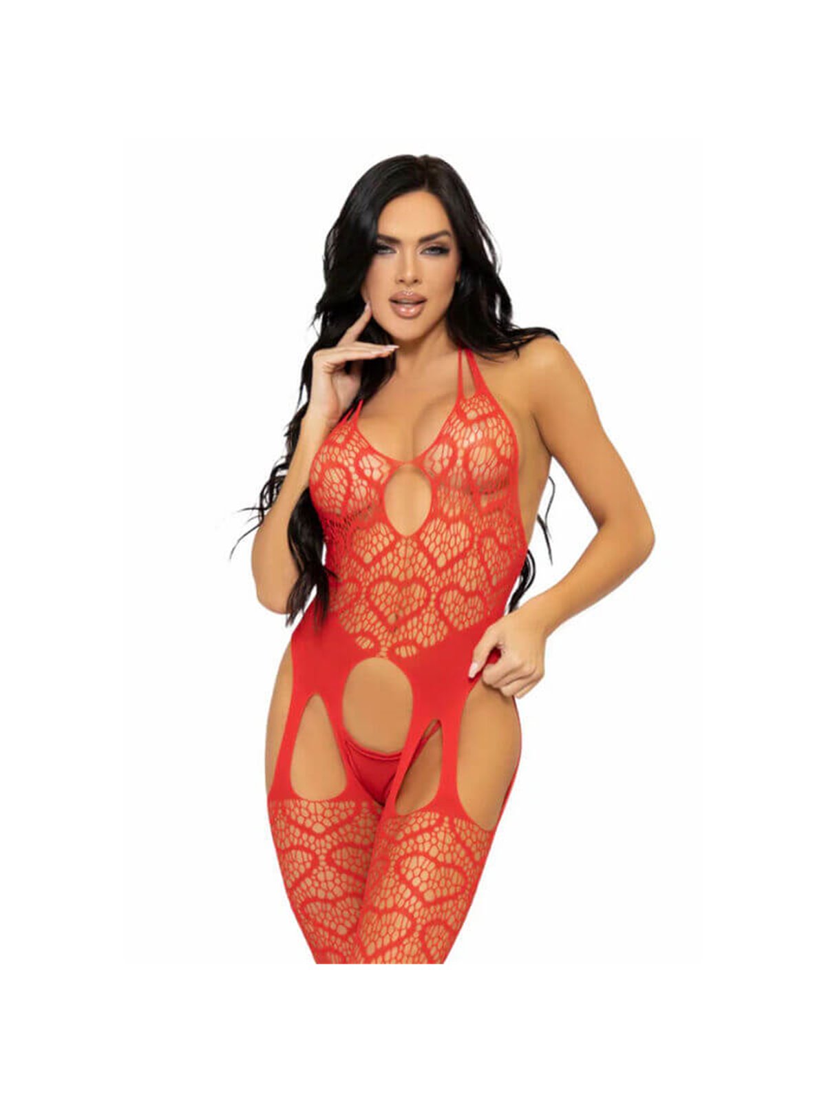 Leg Avenue - Bodystocking a Rete Senza Cuciture con Cuori Taglia Unica Rosso