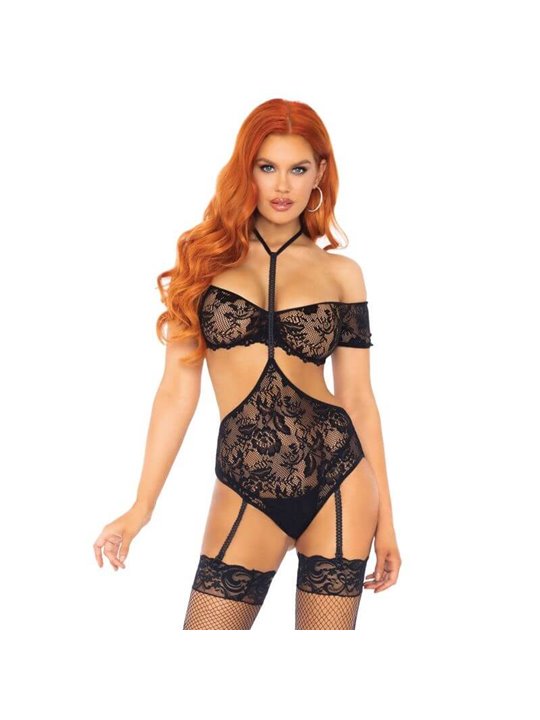 Leg Avenue - Set 2 Pezzi Top a Fascia in Pizzo + Body con Reggicalze S/M