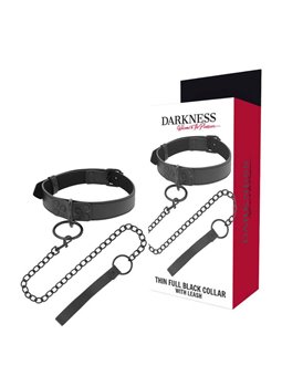 Darkness Thin Full Black Collar - Collare e Guinzaglio in Pelle Vegana - Nero