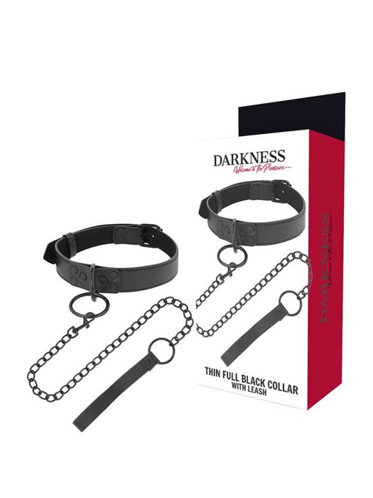 Darkness Thin Full Black Collar - Collare e Guinzaglio in Pelle Vegana - Nero