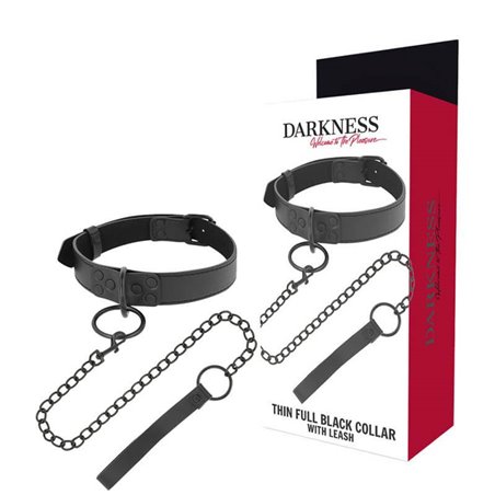 Darkness Thin Full Black Collar - Collare e Guinzaglio in Pelle Vegana - Nero