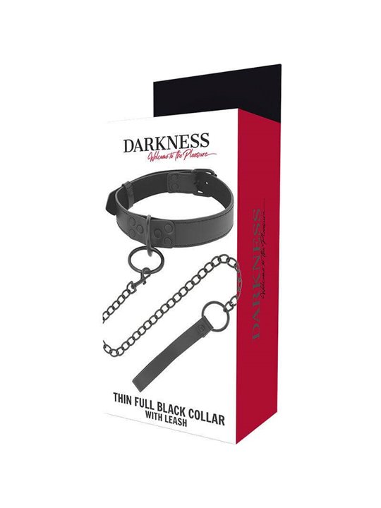 Darkness Thin Full Black Collar - Collare e Guinzaglio in Pelle Vegana - Nero