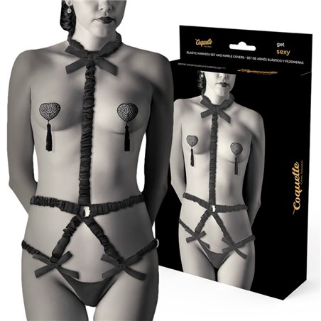 Coquette Chic Desire - Imbracatura Stile Corsetto con Copricapezzoli - Nero