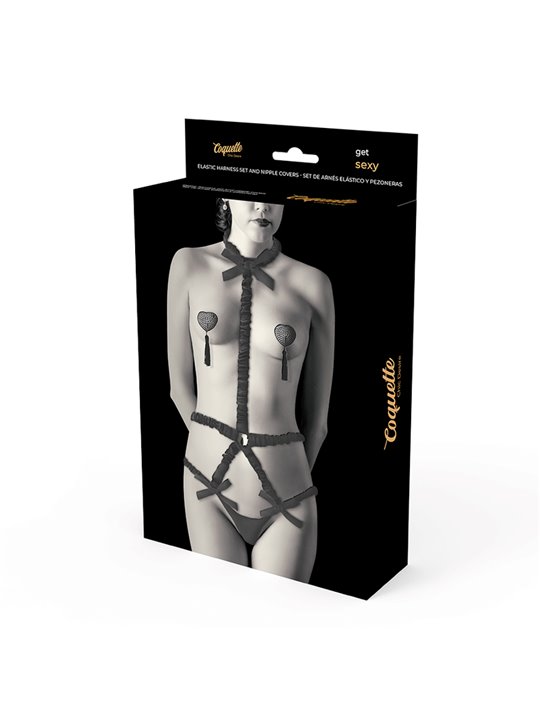 Coquette Chic Desire - Imbracatura Stile Corsetto con Copricapezzoli - Nero