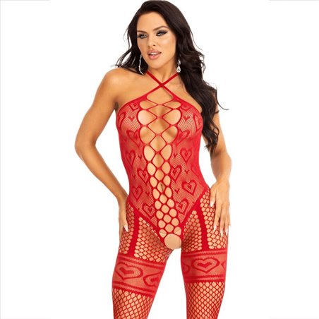 Leg Avenue - Bodystocking a Rete con Cuori e Scollo Halter Taglia Unica Rosso