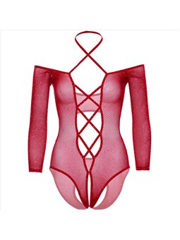Leg Avenue - Body a Rete con Cavallo Aperto e Strass Taglia Unica Rosso