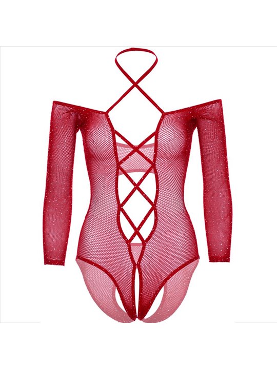 Leg Avenue - Body a Rete con Cavallo Aperto e Strass Taglia Unica Rosso