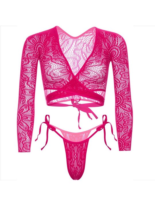 Leg Avenue - Crop Top in Pizzo con Perizoma Taglia Unica Rosa