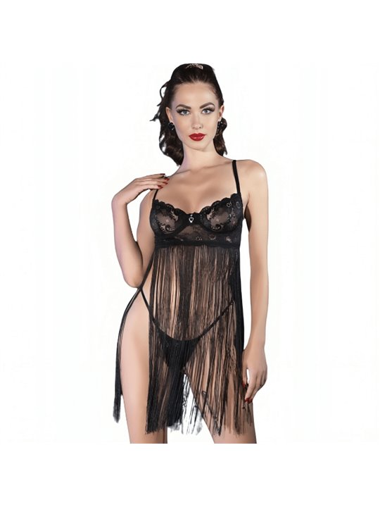 Chilirose CR 4496 - Babydoll con Ferretto e Lunghe Frange Nero L/XL