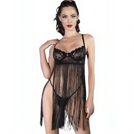 Chilirose CR 4496 - Babydoll con Ferretto e Lunghe Frange Nero L/XL