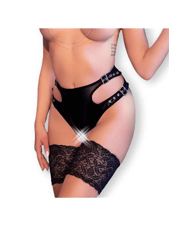 Chilirose CR 4656 - Slip in Finta Pelle con Cavallo Aperto e Fibbie - L/XL Nero