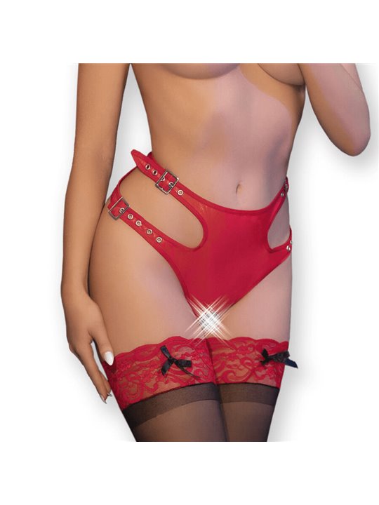 Chilirose CR 4656 - Slip in Finta Pelle con Cavallo Aperto e Fibbie - L/XL Rosso