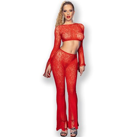 Chilirose CR 4648 - Top e Leggins a Rete senza Cuciture - Taglia S/L Rosso