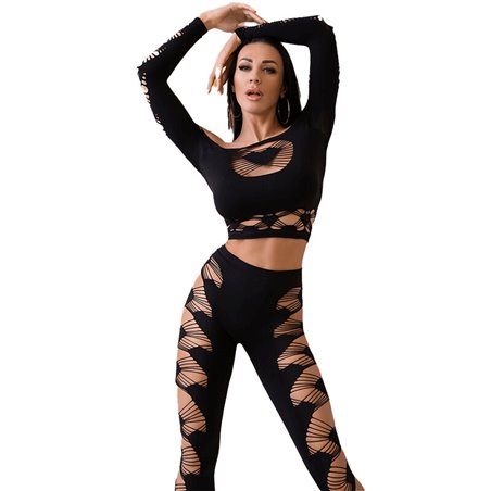 Chilirose CR 4436 - Set 2 Pezzi Top e Leggins Sensuali - Taglia S/L Nero
