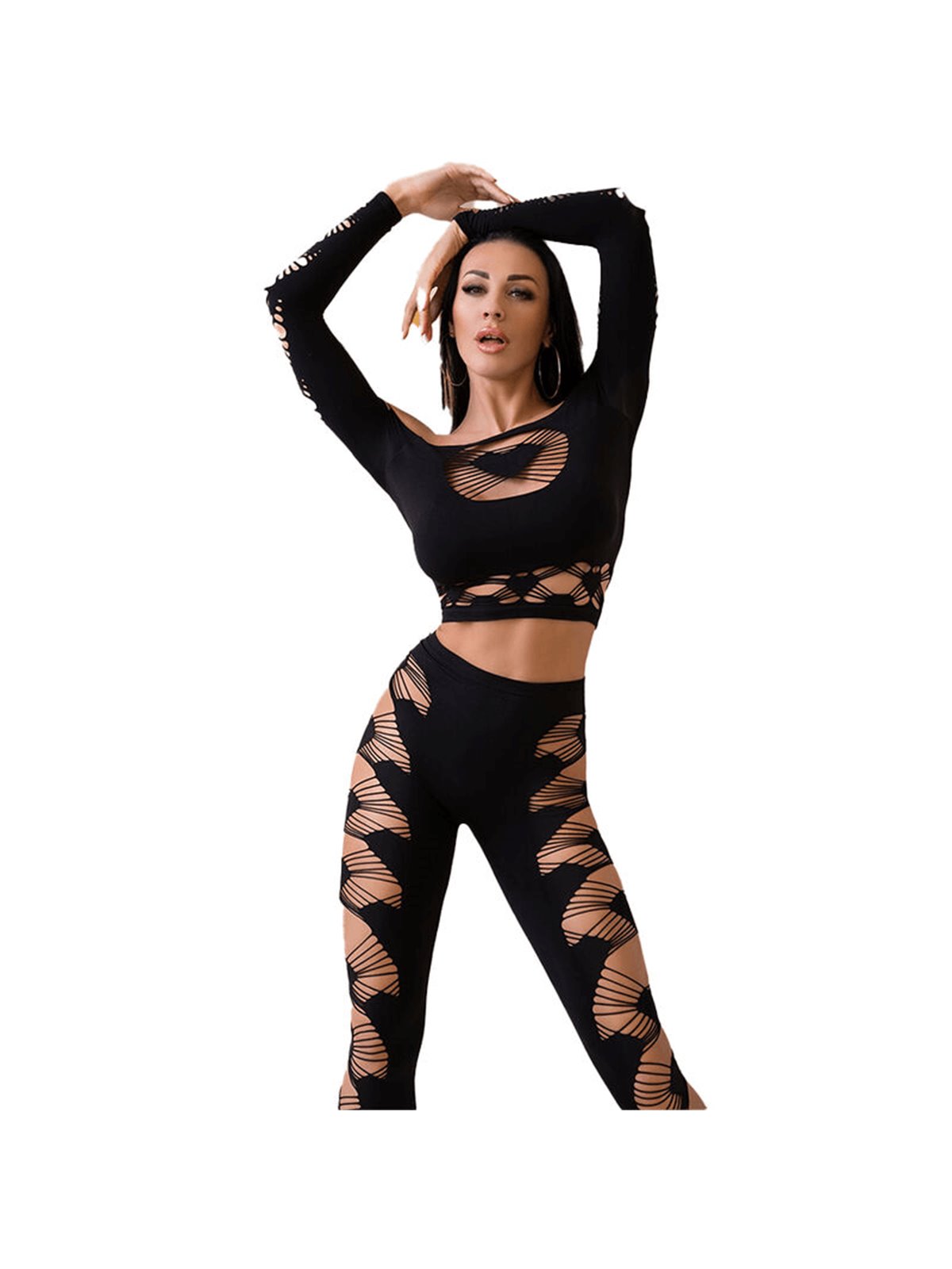 Chilirose CR 4436 - Set 2 Pezzi Top e Leggins Sensuali - Taglia S/L Nero