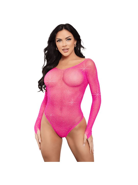 Leg Avenue - Body a Rete a Manica Lunga con Strass - Taglia Unica Fucsia