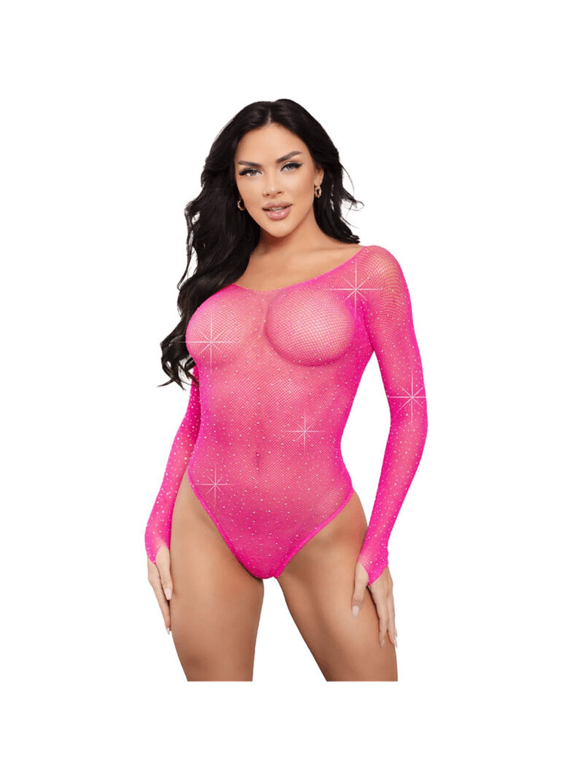Leg Avenue - Body a Rete a Manica Lunga con Strass - Taglia Unica Fucsia
