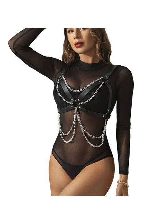 Subblime - Imbragatura Reggiseno in Pelle Vegana con Catene e O-Ring Taglia Unica