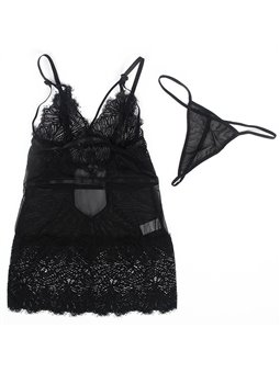 Subblime - Babydoll in Pizzo Trasparente con Spalline Regolabili L/XL Nero