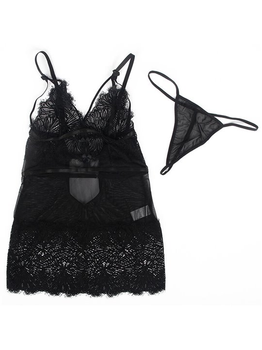 Subblime - Babydoll in Pizzo Trasparente con Spalline Regolabili L/XL Nero