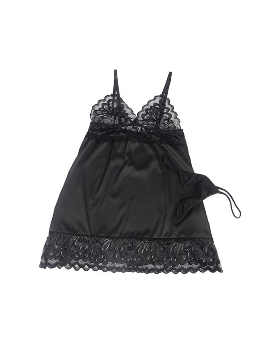 Subblime - Babydoll con Pizzo Floreale e Perizoma Abbinato L/XL Nero