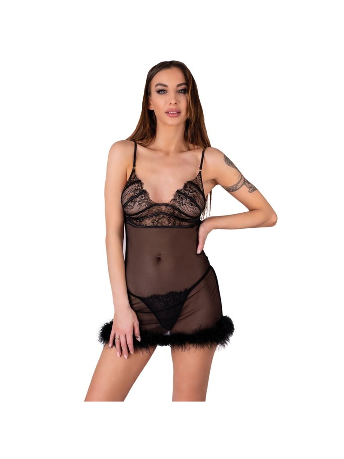 Livco Corsetti Zerunam - Babydoll + Mesh Thong Black Semi-transparent S/M