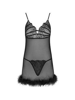 Livco Corsetti Zerunam - Babydoll + Perizoma in Rete Nera Semitrasparente L/XL