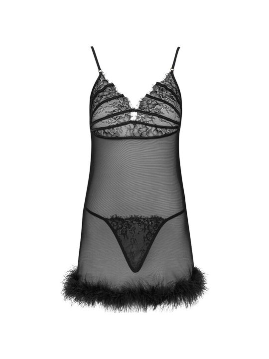 Livco Corsetti Zerunam - Babydoll + Perizoma in Rete Nera Semitrasparente L/XL