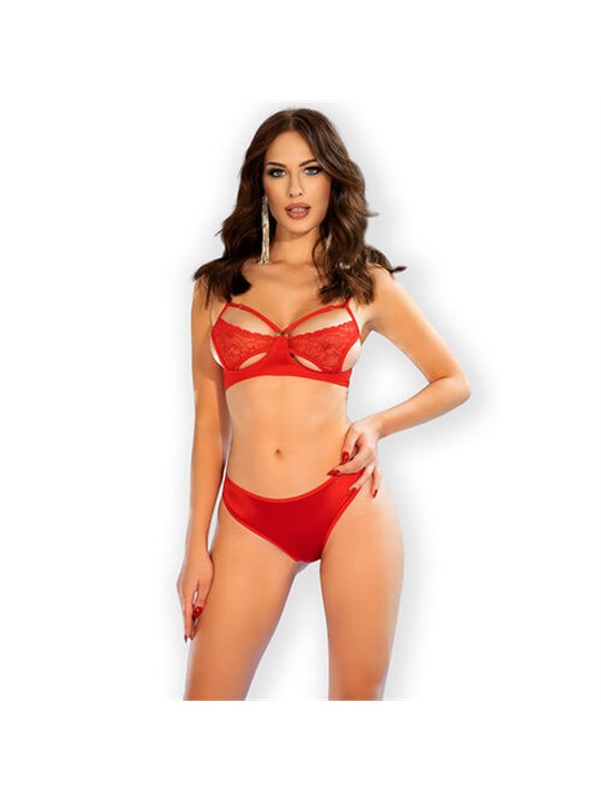 Chilirose - CR 4676 Set 2 Pezzi Reggiseno in Raso e Mutandine Sexy Rosso M