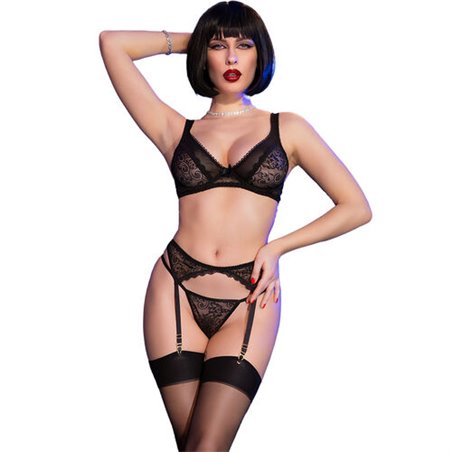 Chilirose - CR 4692 Completo Intimo 4 Pezzi in Pizzo Morbido Nero S