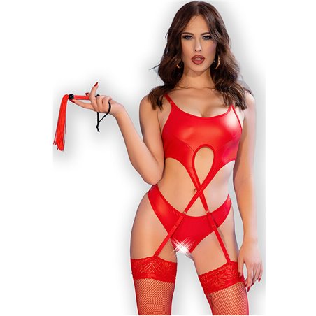 Chilirose - CR 4625 Completo Intimo Sexy 4 Pezzi in Pelle Sintetica Rosso M