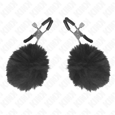 Kink - Morsetti a Vite per Capezzoli con Pon Pon Neri 6 Cm