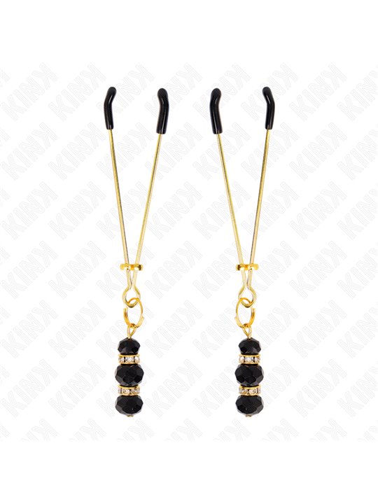 Kink - Gold Thin Nipple Clamps With 3 Black Glass Beads 7 Cm