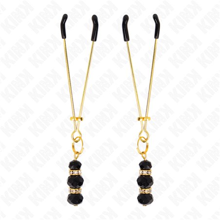Kink - Gold Thin Nipple Clamps With 3 Black Glass Beads 7 Cm