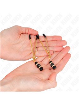Kink - Pinze per Capezzoli Colore Oro con 3 Perline Nere di Vetro 7 Cm