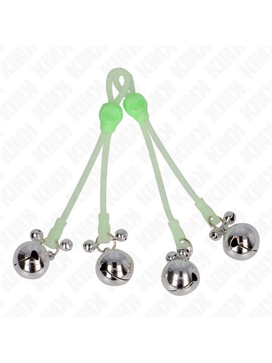 Kink - Luminous Skull Nipple Clamps With Ring Bells Adjustable Green / Silver