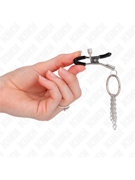 Kink - Morsetti a Vite per Capezzoli con O-Ring e Catenella Argento 6 Cm